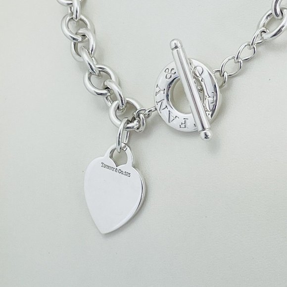 18" Tiffany & Co Silver Blank Heart Tag Toggle Necklace with Blue Pouch - Picture 3 of 6